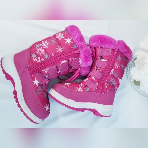 Toddler Girl's Pink Snowflakes Print  Lace Up Zippered Winter Snow Boots - Picture 3 of 12